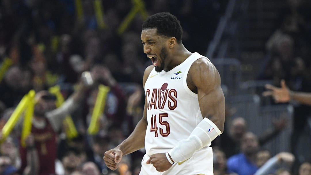 Apr 8, 2026; Cleveland, Ohio, USA; Cleveland Cavaliers guard Donovan Mitchell (45) celebrates in the third quarter against the Atlanta Hawks at Rocket Arena. Mandatory Credit: David Richard-Imagn Images
