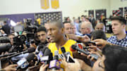 September 28, 2015; El Segundo, CA, USA; Los Angeles Lakers forward Metta World Peace speaks to press during media day at Toyota Sports Center. Mandatory Credit: Gary A. Vasquez-Imagn Images
