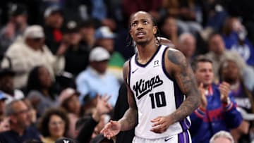 Nov 22, 2024; Inglewood, California, USA;  Sacramento Kings forward DeMar DeRozan (10) reacts to a call during the second half against the Los Angeles Clippers at Intuit Dome. Mandatory Credit: Kiyoshi Mio-Imagn Images