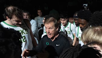 Oregon men's coach Dana Altman brings his team together before their game against Oregon State at Matthew Knight Arena in Eugene Nov. 17, 2025.