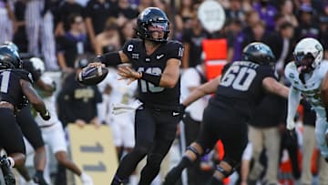Oct 4, 2025; Fort Worth, Texas, USA; TCU Horned Frogs quarterback Josh Hoover (10) looks to throw downfield against the Colorado Buffaloes during the first half at Amon G. Carter Stadium. Mandatory Credit: Raymond Carlin III-Imagn Images