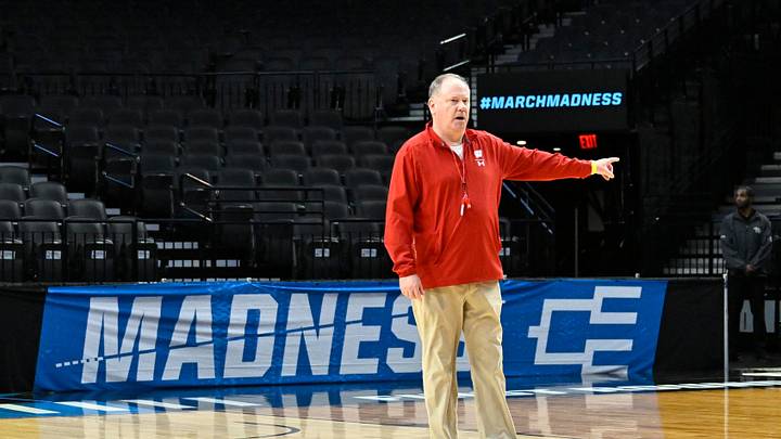 Mar 18, 2026; Portland, OR, USA; Wisconsin Badgers head coach Greg Gard directs drills during a practice session ahead of the first round of the men's 2026 NCAA Tournament at Moda Center. Mandatory Credit: Craig Strobeck-Imagn Images