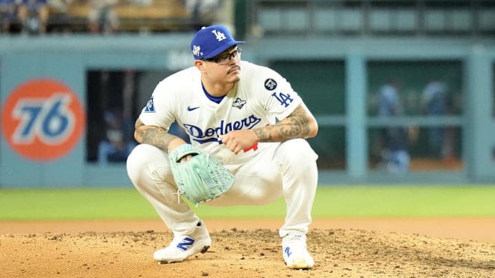 Oct 29, 2025; Los Angeles, California, USA; Los Angeles Dodgers relief pitcher Anthony Banda (43) reacts during game five of the 2025 MLB World Series against the Toronto Blue Jays at Dodger Stadium. Mandatory Credit: Kirby Lee-Imagn Images