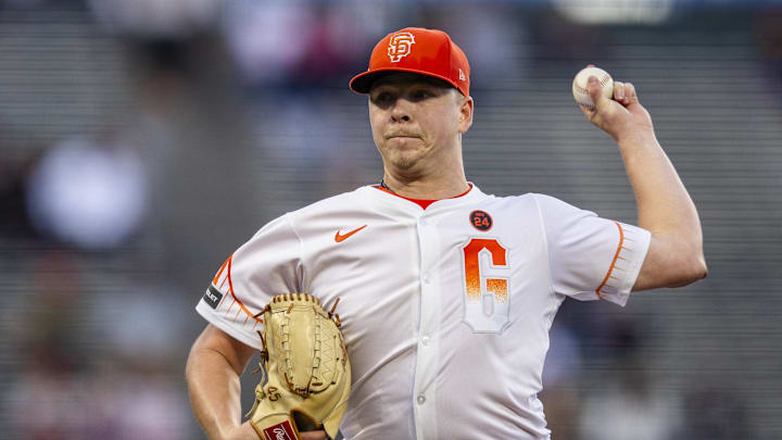 Sep 3, 2024; San Francisco, California, USA; San Francisco Giants starting pitcher Kyle Harrison (45) throws against the Arizona Diamondbacks during the first inning at Oracle Park. Sep 3, 2024; San Francisco, California, USA; San Francisco Giants starting pitcher Kyle Harrison (45) throws against the Arizona Diamondbacks during the first inning at Oracle Park.
