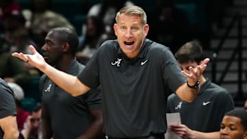 Nov 27, 2024; Las Vegas, Nevada, USA; Alabama Crimson Tide head coach Nate Oats protests a call in favor of the Rutgers Scarlet Knights during the first half at MGM Grand Garden Arena. Mandatory Credit: Stephen R. Sylvanie-Imagn Images