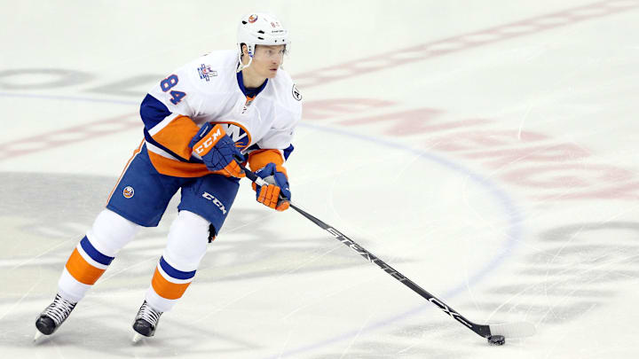 Mar 15, 2016; Pittsburgh, PA, USA; New York Islanders center Mikhail Grabovski (84) skates on the ice before playing the Pittsburgh Penguins at the CONSOL Energy Center. Mandatory Credit: Charles LeClaire-Imagn Images