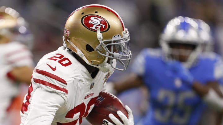 Sep 12, 2021; Detroit, Michigan, USA; San Francisco 49ers cornerback Ambry Thomas (20) returns the ball during the second quarter against the Detroit Lions at Ford Field. Mandatory Credit: Raj Mehta-USA TODAY Sports