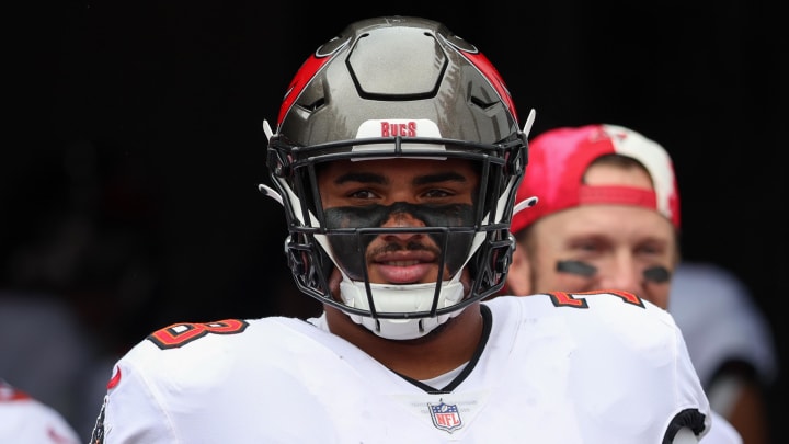 Jan 1, 2023; Tampa, Florida, USA;  Tampa Bay Buccaneers offensive tackle Tristan Wirfs (78) looks on before a game against the Carolina Panthers at Raymond James Stadium. Mandatory Credit: Nathan Ray Seebeck-USA TODAY Sports