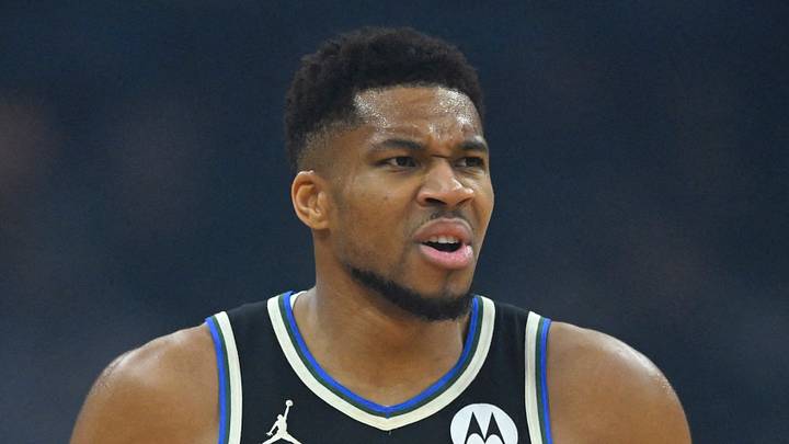 Nov 17, 2025; Cleveland, Ohio, USA; Milwaukee Bucks forward Giannis Antetokounmpo (34) reacts in the first quarter against the Cleveland Cavaliers at Rocket Arena. Mandatory Credit: David Richard-Imagn Images