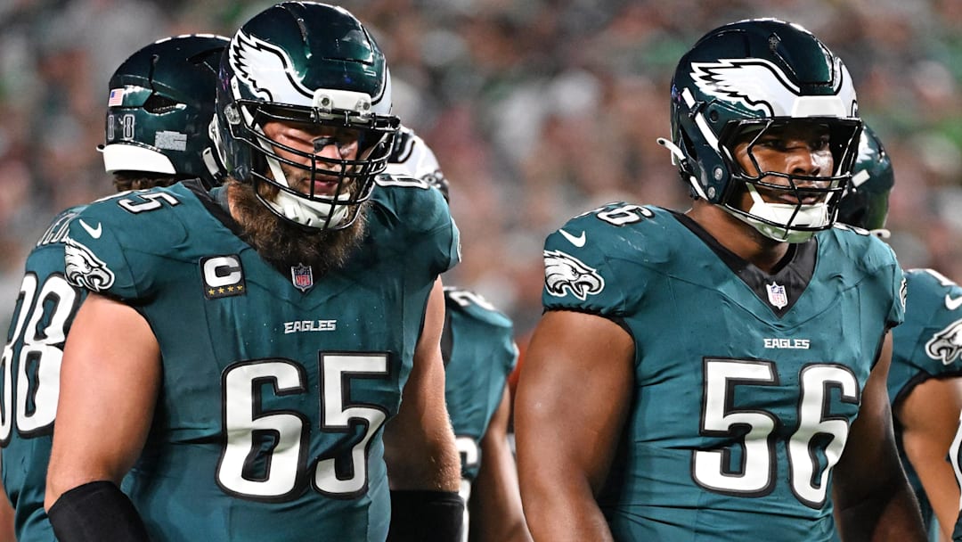 Philadelphia Eagles offensive tackle Lane Johnson (65) and guard Tyler Steen (56) against the Dallas Cowboys at Lincoln Financial Field. Philadelphia Eagles offensive tackle Lane Johnson (65) and guard Tyler Steen (56) against the Dallas Cowboys at Lincoln Financial Field.