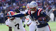 Oct 26, 2025; Foxborough, Massachusetts, USA;  New England Patriots wide receiver Stefon Diggs (8) makes a catch against Cleveland Browns cornerback Tyson Campbell (7) during the second quarter at Gillette Stadium. Mandatory Credit: Bob DeChiara-Imagn Images