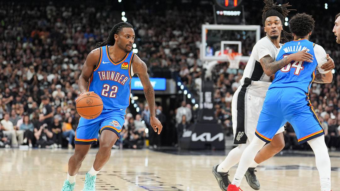 May 24, 2026; San Antonio, Texas, USA; Oklahoma City Thunder guard Cason Wallace (22) moves the ball in the fourth quarter against the San Antonio Spurs during game four of the western conference finals for the 2026 NBA playoffs at Frost Bank Center. Mandatory Credit: Daniel Dunn-Imagn Images