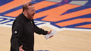 May 29, 2025; New York, New York, USA; New York Knicks head coach Tom Thibodeau reacts in game five of the eastern conference finals of the 2025 NBA Playoffs against the Indiana Pacers at Madison Square Garden. Mandatory Credit: Vincent Carchietta-Imagn Images