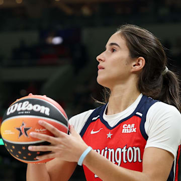 Jul 18, 2025; Indianapolis, IN, USA; Washington Mystics guard Sonia Citron competes in the three-point contest during the 2025 WNBA All Star Skills Challenge at Gainbridge Fieldhouse. Mandatory Credit: Trevor Ruszkowski-Imagn Images