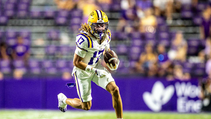 Sep 20, 2025; Baton Rouge, Louisiana, USA;  LSU Tigers wide receiver Jelani Watkins (17) runs against the Southeastern Louisiana Lions during the second half at Tiger Stadium. Mandatory Credit: Stephen Lew-Imagn Images
