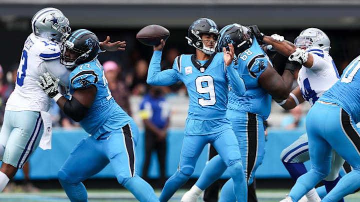 Oct 12, 2025; Charlotte, North Carolina, USA; Carolina Panthers quarterback Bryce Young (9) throws the ball during the first quarter against the Dallas Cowboys at Bank of America Stadium. Mandatory Credit: Cory Knowlton-Imagn Images