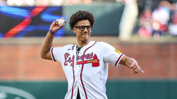 Jun 17, 2026; Cumberland, Georgia, USA; Atlanta Hawks guard Jalen Johnson (1) throws the first pitch of the Atlanta Braves against San Francisco Giants game at Truist Park. Mandatory Credit: Jordan Godfree-Imagn Images
