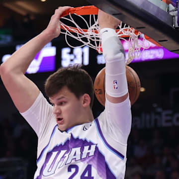 Oct 22, 2025; Salt Lake City, Utah, USA; Utah Jazz center Walker Kessler (24) dunks against the Los Angeles Clippers during the first quarter at Delta Center. Mandatory Credit: Rob Gray-Imagn Images