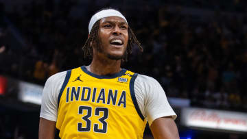 Indiana Pacers center Myles Turner (33) celebrates.