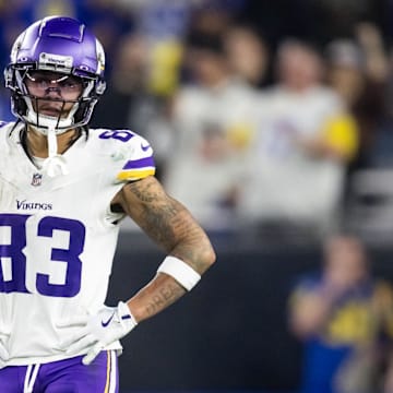 Jan 13, 2025; Glendale, AZ, USA; Minnesota Vikings wide receiver Jalen Nailor (83) against the Los Angeles Rams during an NFC wild card game at State Farm Stadium.