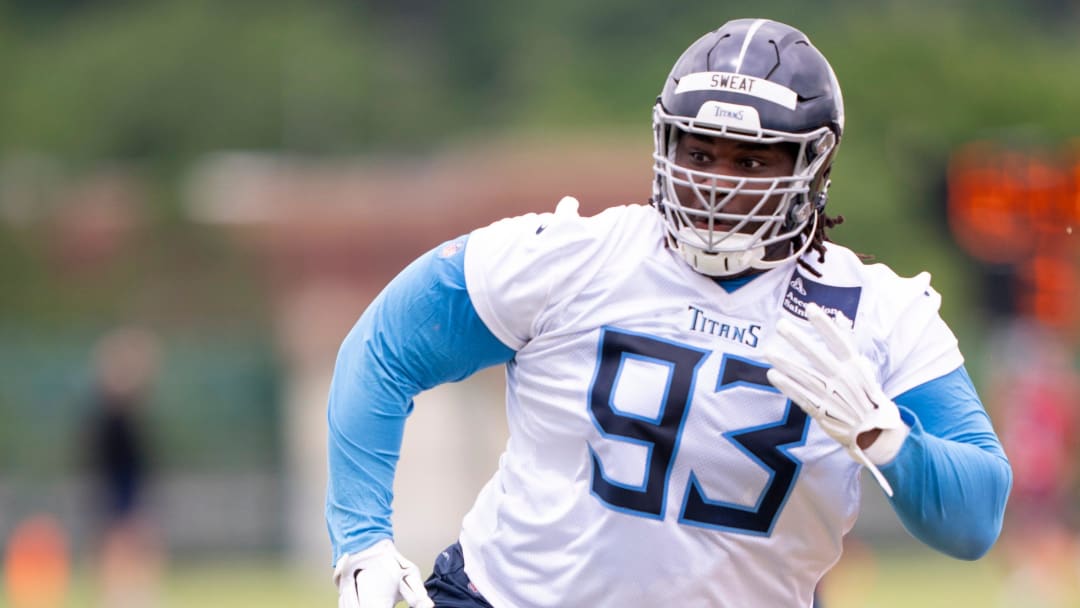Tennessee Titans second-rounder T'Vondre Sweat participates in rookie minicamp at Ascension Saint Thomas Sports Park in Nashville, Tenn., Friday, May 10, 2024.