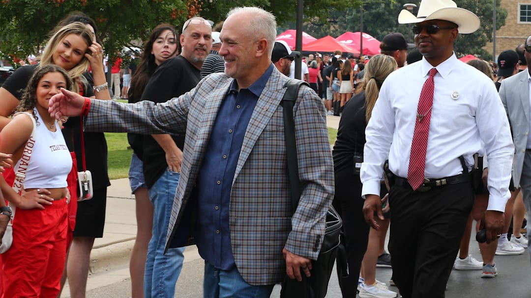 Sep 21, 2024; Lubbock, Texas, USA;  Texas Tech Red Raiders head coach Joey McGuire arrives at Jones AT&T Stadium and Cody Campbell Field before a game against the Arizona State Sun Devils. Mandatory Credit: Michael C. Johnson-Imagn Images