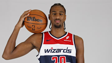 Sep 30, 2024; Washington, DC, USA; Washington Wizards forward Alex Sarr (20) poses for a portrait during Washington Wizards media day 2024 at Capital One Arena. Mandatory Credit: Geoff Burke-Imagn Images