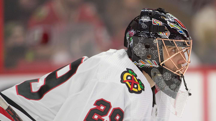 Mar 12, 2022; Ottawa, Ontario, CAN; Chicago Blackhawks goalie Marc-Andre Fleury (29) looks up the ice in the second period against the Ottawa Senators at the Canadian Tire Centre. Mandatory Credit: Marc DesRosiers-Imagn Images