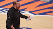  New York Knicks head coach Tom Thibodeau reacts in game five of the eastern conference finals of the 2025 NBA Playoffs against the Indiana Pacers.