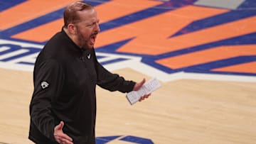  New York Knicks head coach Tom Thibodeau reacts in game five of the eastern conference finals of the 2025 NBA Playoffs against the Indiana Pacers.