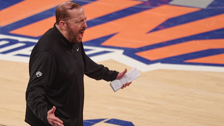  New York Knicks head coach Tom Thibodeau reacts in game five of the eastern conference finals of the 2025 NBA Playoffs against the Indiana Pacers.