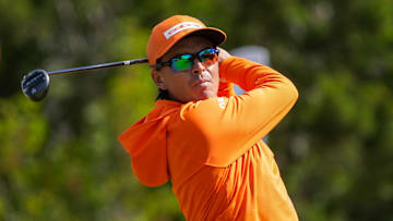 Rickie Fowler tees off during the 2025 Valero Texas Open