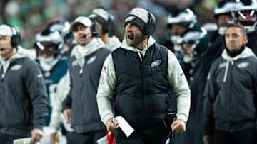 Nov 14, 2024; Philadelphia, Pennsylvania, USA; Philadelphia Eagles head coach Nick Sirianni reacts to a play in the third quarter of a game against the Washington Commanders at Lincoln Financial Field. Mandatory Credit: Bill Streicher-Imagn Images