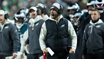 Nov 14, 2024; Philadelphia, Pennsylvania, USA; Philadelphia Eagles head coach Nick Sirianni reacts to a play in the third quarter of a game against the Washington Commanders at Lincoln Financial Field. Mandatory Credit: Bill Streicher-Imagn Images