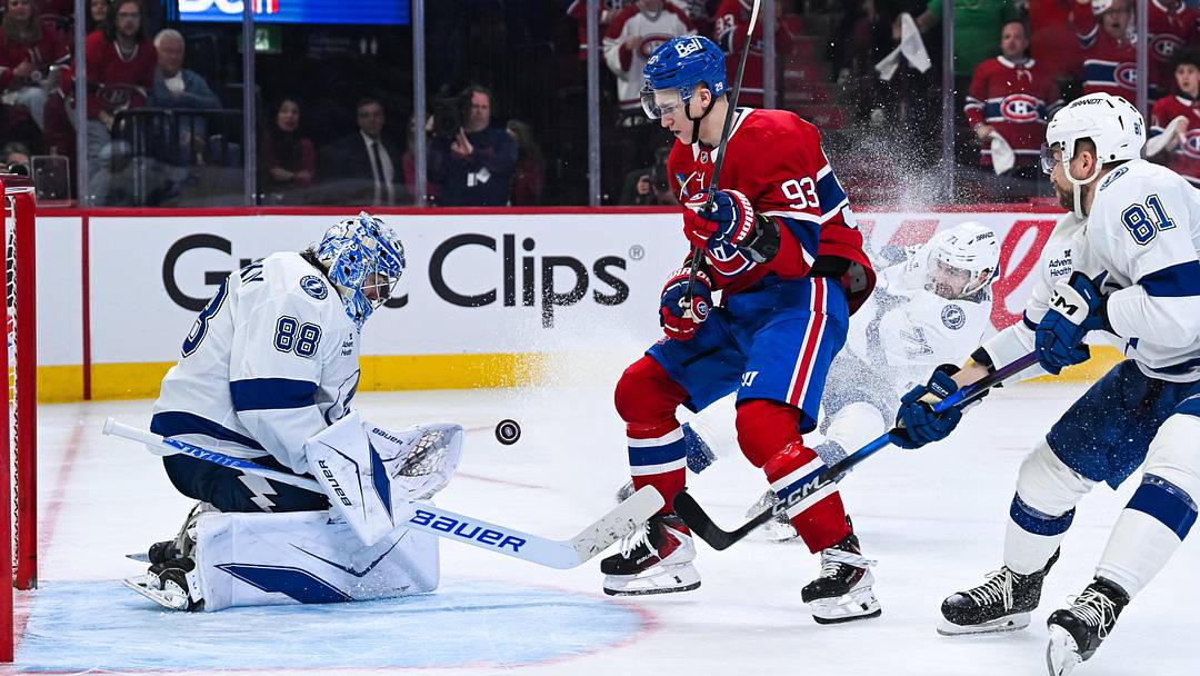 Apr 26, 2026; Montreal, Quebec, CAN; Tampa Bay Lightning goalie Andrei Vasilevskiy (88) makes a save against Montreal Canadiens right wing Ivan Demidov (93) during the third period in game four of the first round of the 2026 Stanley Cup Playoffs at Bell Centre. Mandatory Credit: David Kirouac-Imagn Images Apr 26, 2026; Montreal, Quebec, CAN; Tampa Bay Lightning goalie Andrei Vasilevskiy (88) makes a save against Montreal Canadiens right wing Ivan Demidov (93) during the third period in game four of the first round of the 2026 Stanley Cup Playoffs at Bell Centre. Mandatory Credit: David Kirouac-Imagn Images