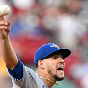 Toronto Blue Jays starting pitcher Jose Berrios (17) pitches against the Boston Red Sox during the first inning at Fenway Park on June 27. 