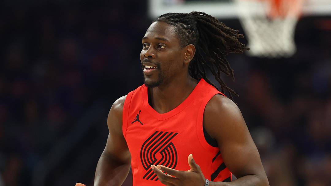 Apr 14, 2026; Phoenix, Arizona, USA; Portland Trail Blazers guard Jrue Holiday (5) reacts against the Phoenix Suns in the first half during the play-in rounds of the 2026 NBA Playoffs at Mortgage Matchup Center. Mandatory Credit: Mark J. Rebilas-Imagn Images