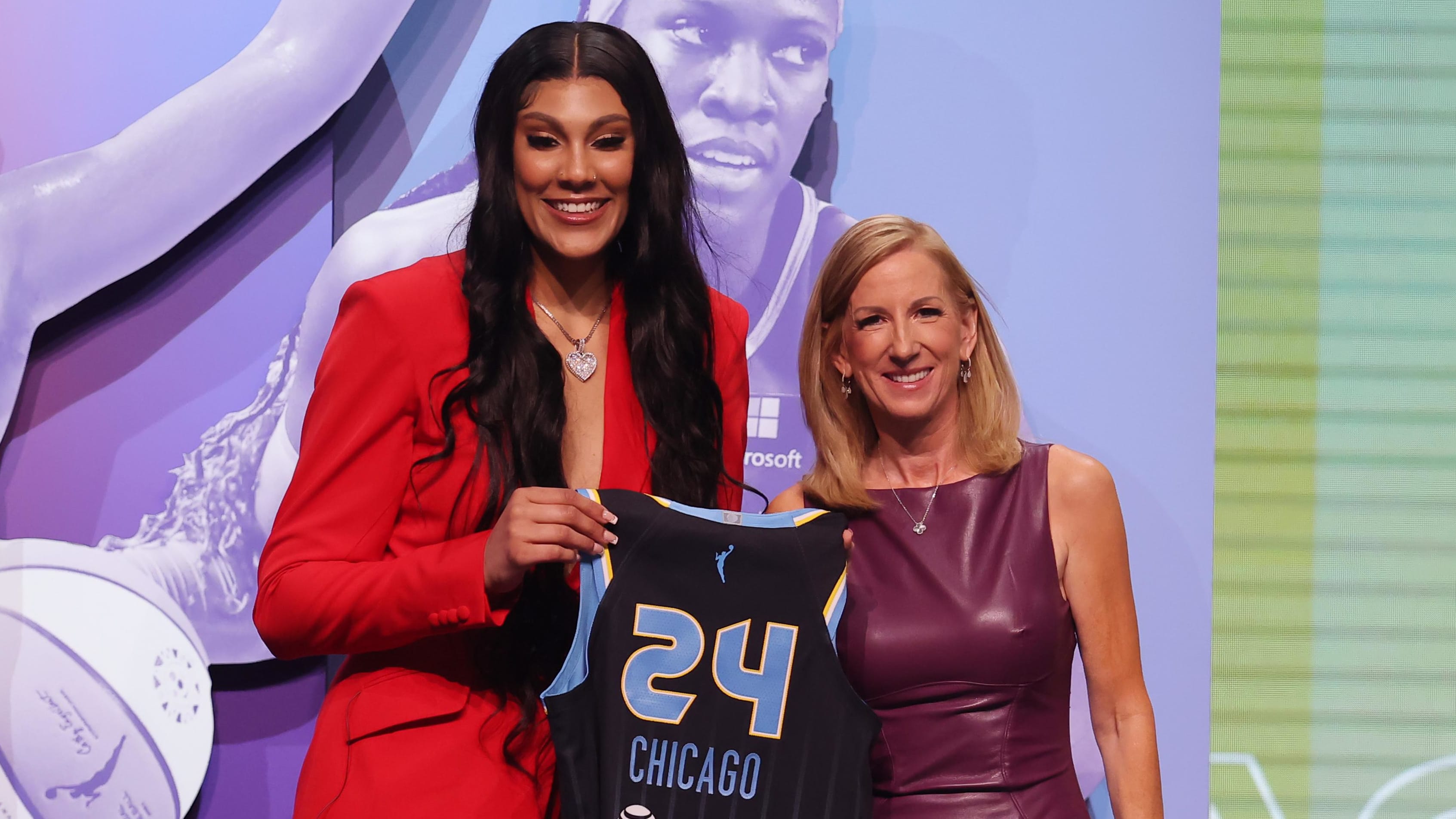Kamilla Cardoso poses with WNBA commissioner Cathy Engelbert at the 2024 WNBA draft