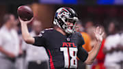 Aug 23, 2024; Atlanta, Georgia, USA; Atlanta Falcons quarterback Kirk Cousins (18) warms up on the field before the game against the Jacksonville Jaguars at Mercedes-Benz Stadium. Mandatory Credit: Dale Zanine-Imagn Images