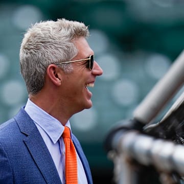 Jul 27, 2022; Baltimore, Maryland, USA;  Baltimore Orioles general manager Mike Elias reacts on the field before the game between the Baltimore Orioles and the Tampa Bay Rays at Oriole Park at Camden Yards. Mandatory Credit: Tommy Gilligan-Imagn Images