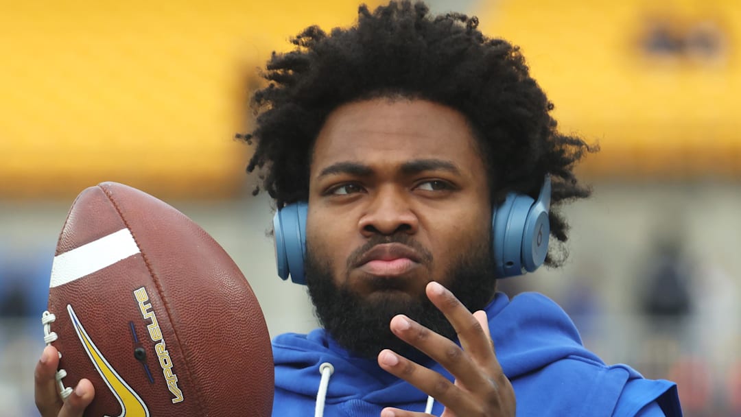 Nov 15, 2025; Pittsburgh, Pennsylvania, USA;  Pittsburgh Panthers running back Desmond Reid (0) warms up before the game against the Notre Dame Fighting Irish at Acrisure Stadium. Mandatory Credit: Charles LeClaire-Imagn Images