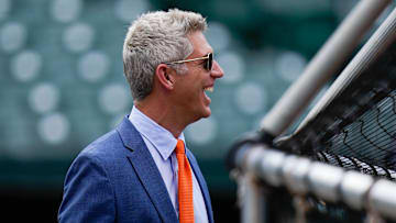 Jul 27, 2022; Baltimore, Maryland, USA;  Baltimore Orioles general manager Mike Elias reacts on the field before the game between the Baltimore Orioles and the Tampa Bay Rays at Oriole Park at Camden Yards. Mandatory Credit: Tommy Gilligan-Imagn Images