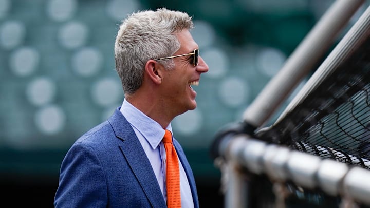 Jul 27, 2022; Baltimore, Maryland, USA;  Baltimore Orioles general manager Mike Elias reacts on the field before the game between the Baltimore Orioles and the Tampa Bay Rays at Oriole Park at Camden Yards. Mandatory Credit: Tommy Gilligan-Imagn Images
