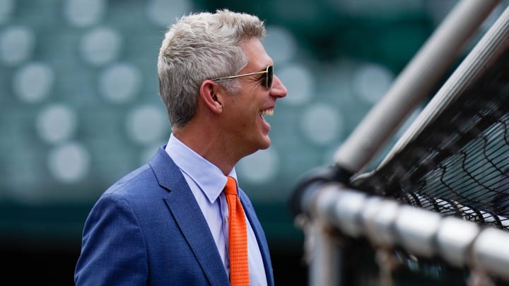Jul 27, 2022; Baltimore, Maryland, USA;  Baltimore Orioles general manager Mike Elias reacts on the field before the game between the Baltimore Orioles and the Tampa Bay Rays at Oriole Park at Camden Yards