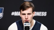 Mar 28, 2024; Dallas, TX, USA;  Marquette Golden Eagles guard Tyler Kolek (11) speaks to the media during a practice day at American Airline Center. Mandatory Credit: Kevin Jairaj-USA TODAY Sports