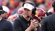 Nov 18, 2023; Los Angeles, California, USA; USC Trojans head coach Lincoln Riley during the first quarter at United Airlines Field at Los Angeles Memorial Coliseum. Mandatory Credit: Jason Parkhurst-Imagn Images