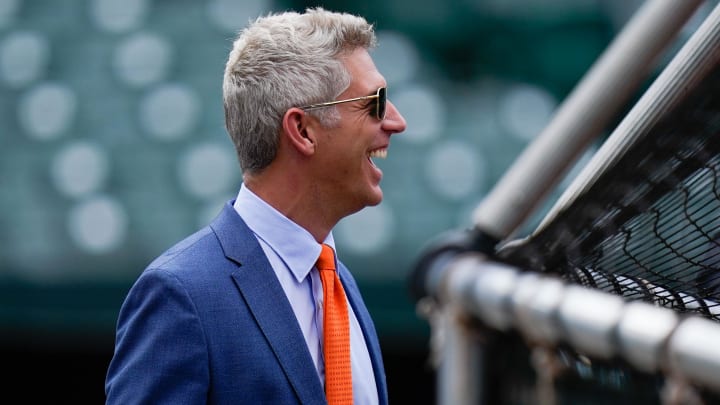 Jul 27, 2022; Baltimore, Maryland, USA;  Baltimore Orioles general manager Mike Elias reacts on the field before the game between the Baltimore Orioles and the Tampa Bay Rays at Oriole Park at Camden Yards