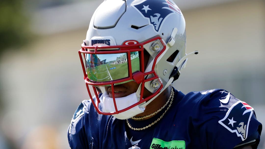 Clarke Hinkle Field reflected off the visor of New England Patriots wide receiver Kendrick Bourne (84) during a joint practice with the Green Bay Packers on Aug. 16, 2023, in Ashwaubenon, Wis.