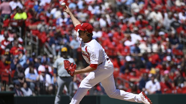 Apr 20, 2024; St. Louis, Missouri, USA; St. Louis Cardinals starting pitcher Miles Mikolas (39) pitches against the Milwaukee Brewers in the first inning at Busch Stadium. Mandatory Credit: Joe Puetz-USA TODAY Sports