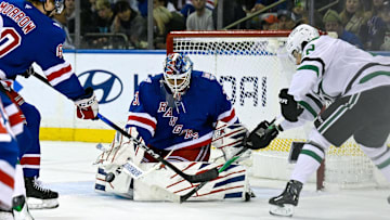 Dec 2, 2025; New York, New York, USA;  New York Rangers goaltender Igor Shesterkin (31) makes a save as New York Rangers defenseman Scott Morrow (60) defends against Dallas Stars center Mavrik Bourque (22) during the second period at Madison Square Garden. Mandatory Credit: Dennis Schneidler-Imagn Images